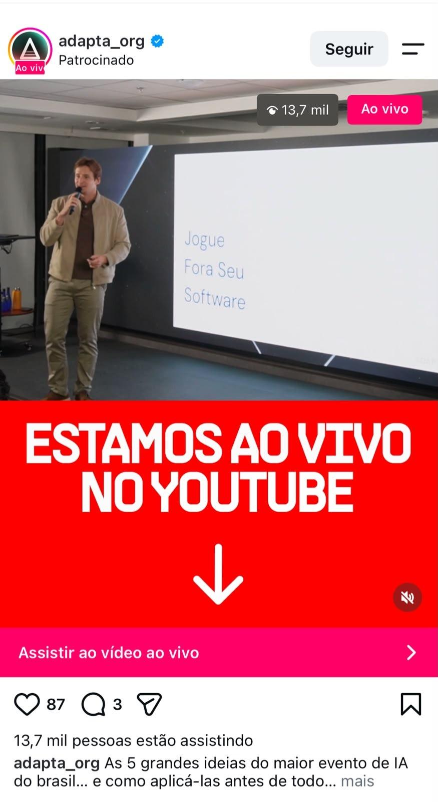 Exemplo de formato de banner de live no Instagram com chamada para o YouTube